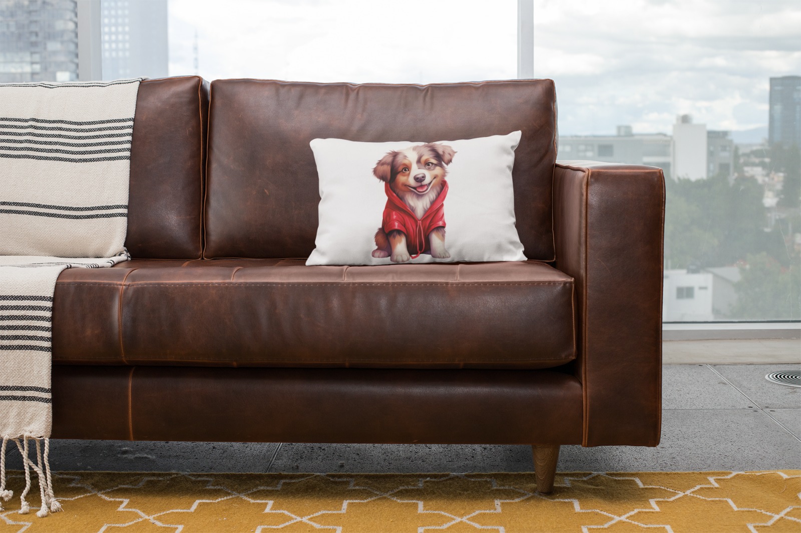 Cojín con cachorro de sudadera roja decorando un sofá