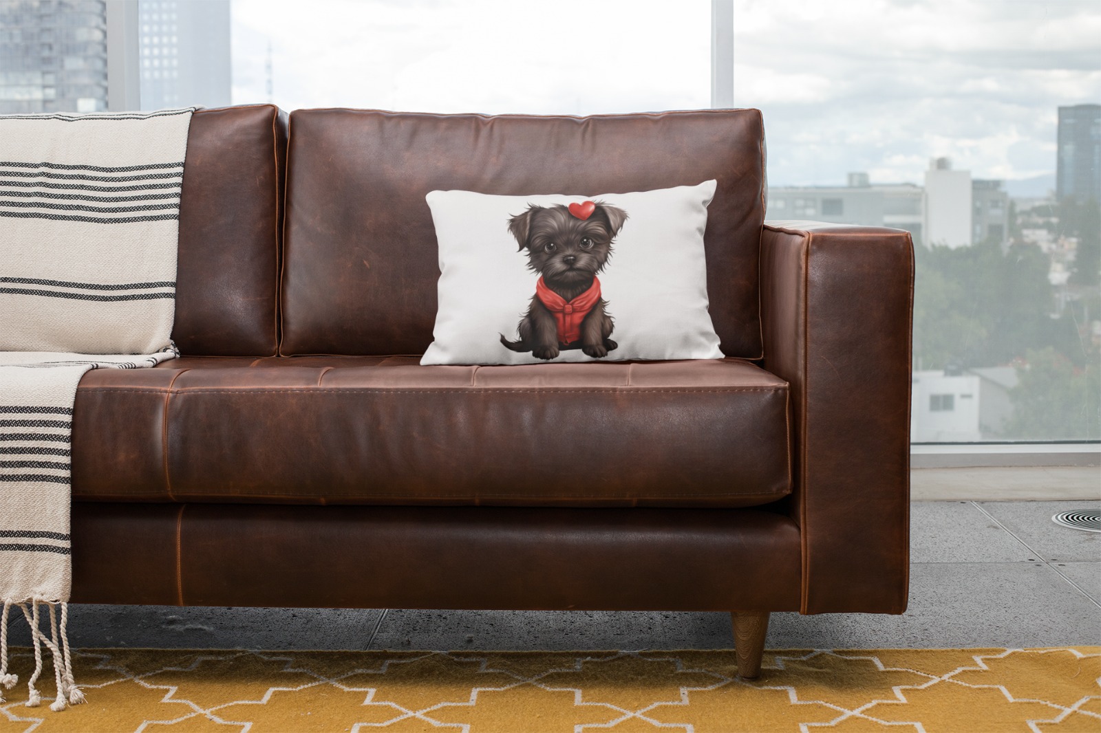 Cojín con cachorro negro y arnés rojo decorando un sofá