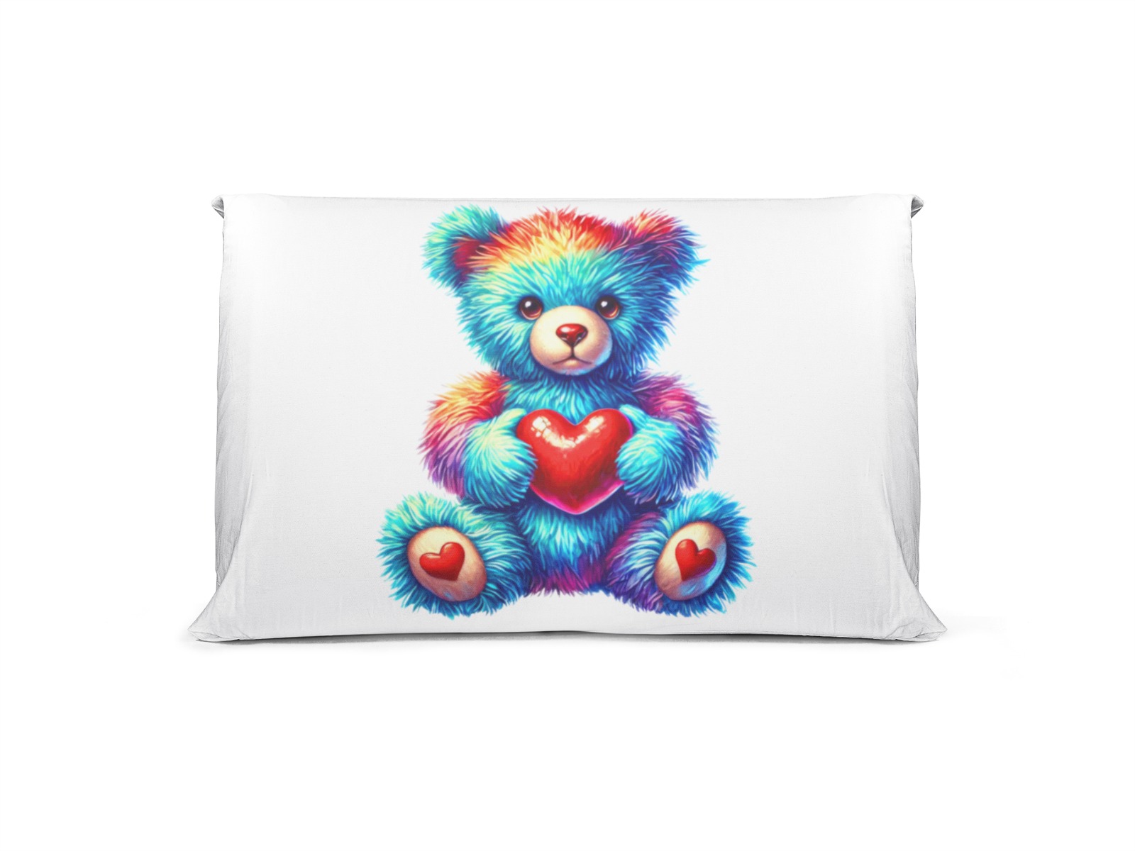 Cojín blanco con ilustración de osito de colores abrazando un corazón