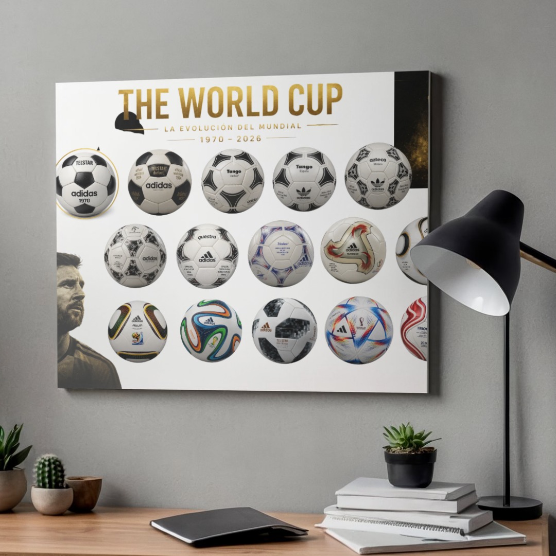 Cuadro personalizado The World Cup con evolución de balones de Mundial 1970-2026