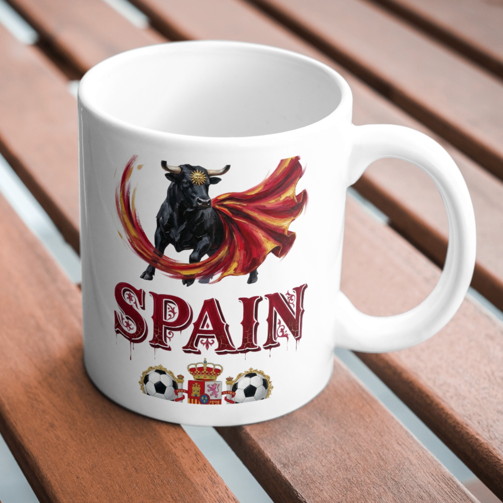 Taza personalizada Spain con toro, capote rojo y escudo de España