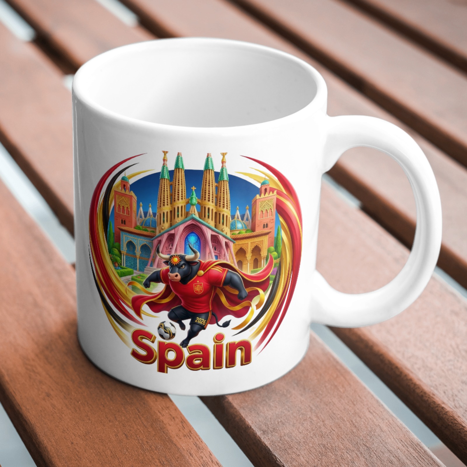Taza personalizada Spain 2026 con toro futbolista y Sagrada Familia